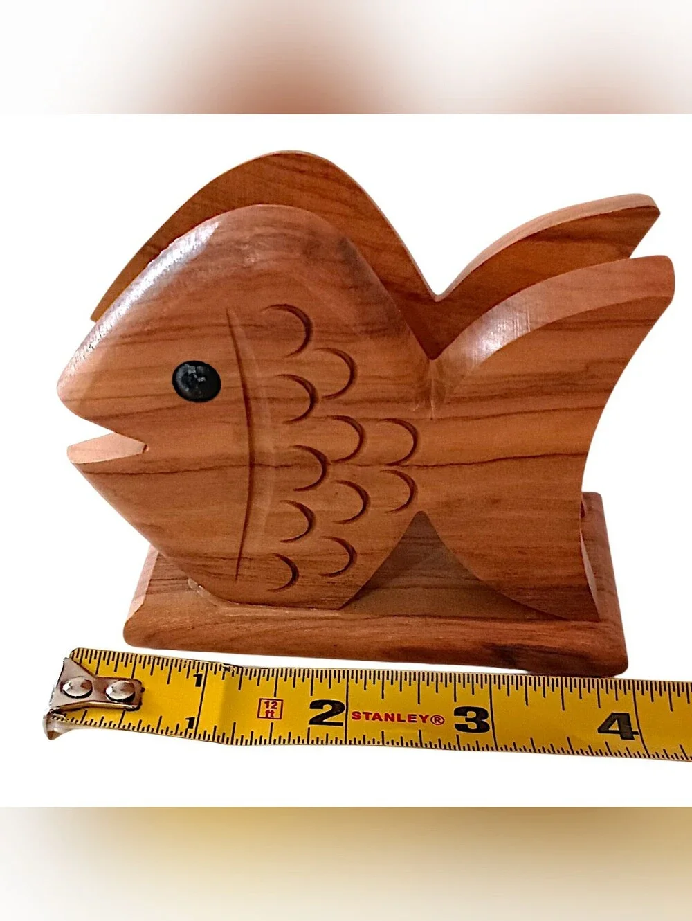Olive Wood Fish Napkin Holder Carved Coastal Beach Kitchen Mail Desk Organizer